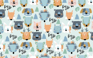 Vector Seamless Pattern of Cute Animals Heads