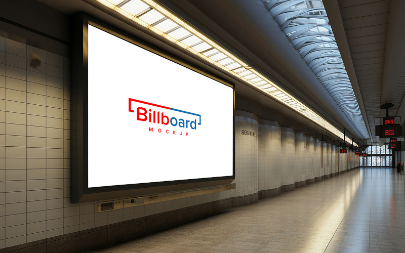 Blank billboard mock up in a subway station underground interior psd Product Mockup