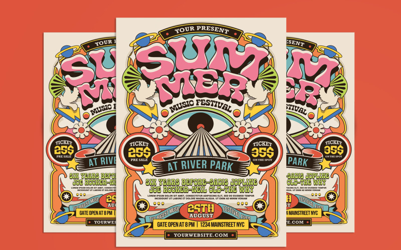 Retro 70's Summer Music Festival Flyer Tempalte Corporate Identity