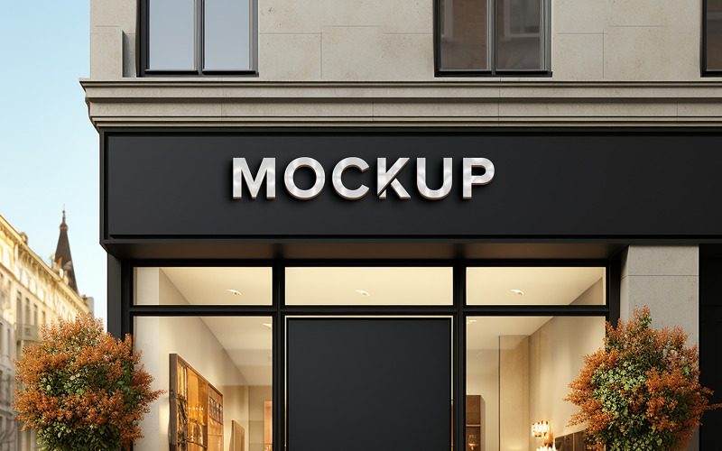 Realistic 3d sign logo mockup on shop front building Product Mockup