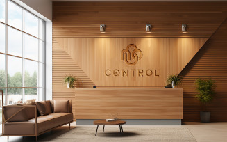 Luxury logo mockup on brown wooden wall and hotel reception desk