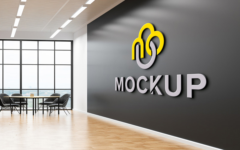 Office wall mockup logo realistic 3d indoor logo mockup on black office wall empty wall mock up Product Mockup