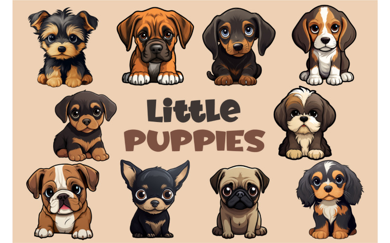 Cartoon Little Puppies. TShirt Sticker. Illustration