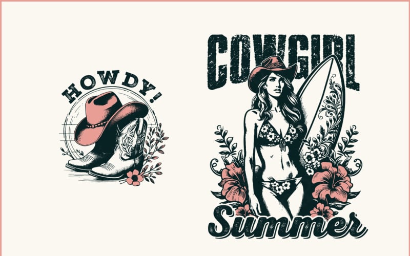 Cowgirl Summer PNG, Coastal Western Shirt Design, Retro Beach Cowgirl, Country Summer Vibes, Pink Illustration