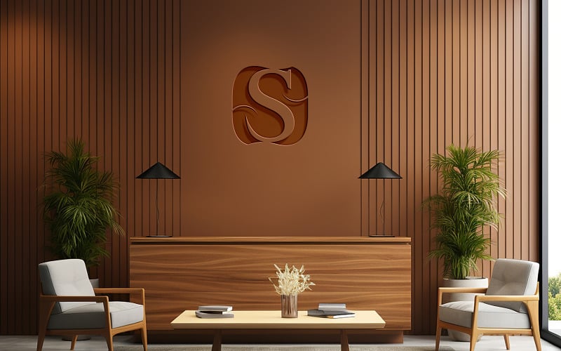 Deboss logo mockup on wooden wall and receptionist desk psd Product Mockup