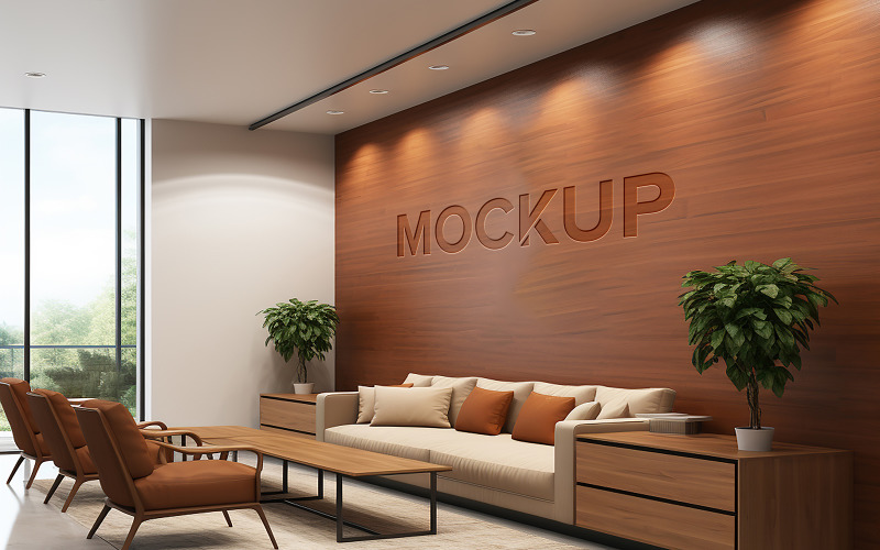 Debossed effect brown wooden wall logo mockup office waiting room psd Product Mockup