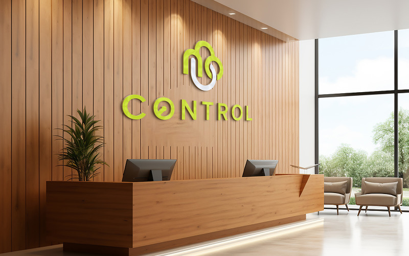 Realistic 3d company logo mockup on office front reception or desk room indoor wall Product Mockup