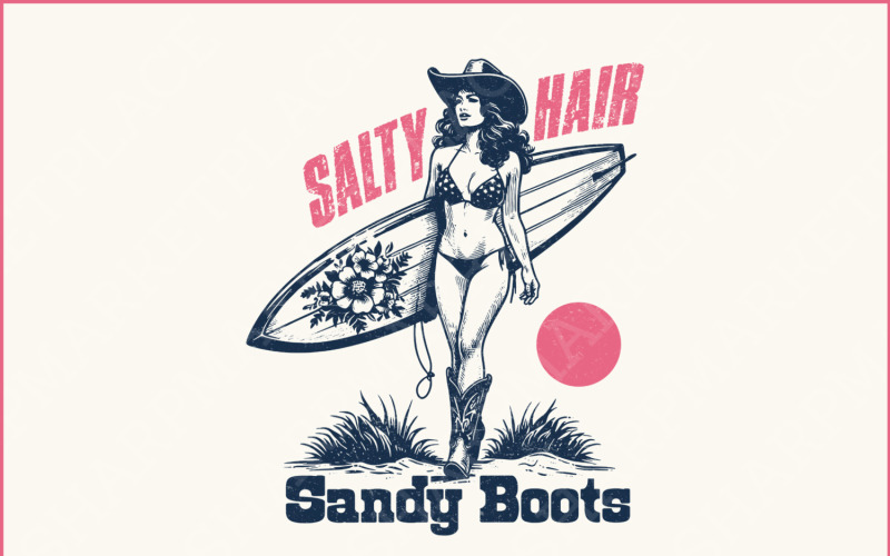 Salt Hair Sandy Boots PNG, Western Summer PNG, Cowgirl, Western png, Retro Summer, Trendy summer Illustration