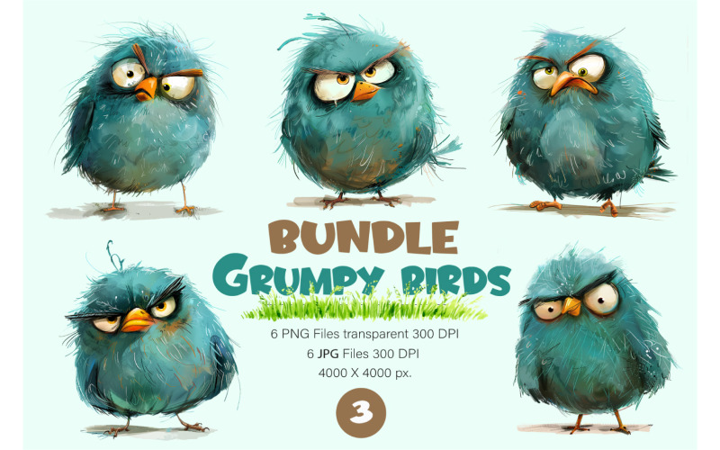 Grumpy cute birds 03. TShirt Sticker. Illustration