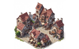 Busy medieval city Set of Video Games Assets Sprite Sheet 2