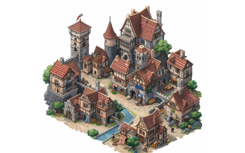 Busy medieval city Set of Video Games Assets Sprite Sheet 4 Illustration