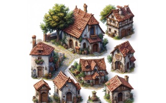 Busy medieval city Set of Video Games Assets Sprite Sheet 7