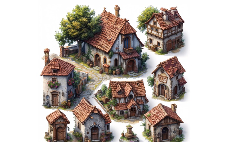 Busy medieval city Set of Video Games Assets Sprite Sheet 7 Illustration