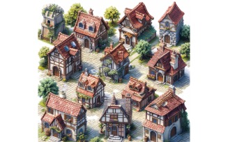 Busy medieval city Set of Video Games Assets Sprite Sheet 8