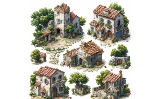 Busy medieval city Set of Video Games Assets Sprite Sheet 9