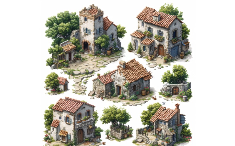 Busy medieval city Set of Video Games Assets Sprite Sheet 9 Illustration