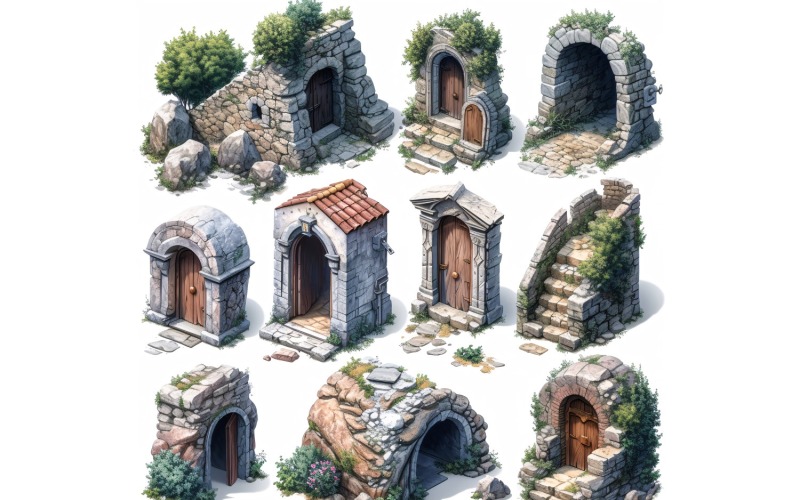 Entrance to catacombs Set of Video Games Assets Sprite Sheet 4 Illustration