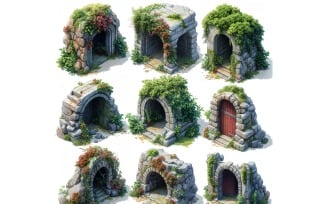 entrance to catacombs Set of Video Games Assets Sprite Sheet White background 08
