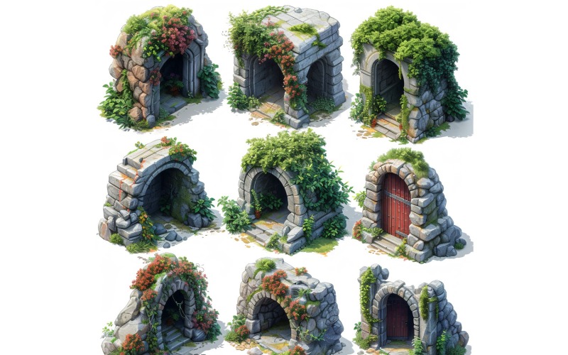 entrance to catacombs Set of Video Games Assets Sprite Sheet White background 08 Illustration