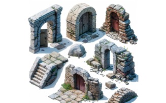 entrance to catacombs Set of Video Games Assets Sprite Sheet White background 1