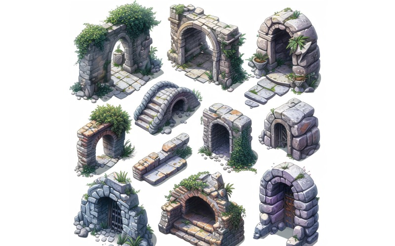 entrance to catacombs Set of Video Games Assets Sprite Sheet White background 2 Illustration