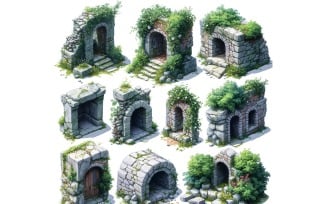 entrance to catacombs Set of Video Games Assets Sprite Sheet White background 2
