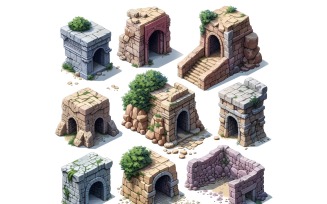 entrance to catacombs Set of Video Games Assets Sprite Sheet White background 3
