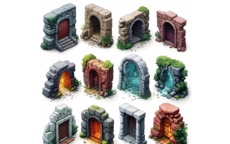 entrance to catacombs Set of Video Games Assets Sprite Sheet White background 4