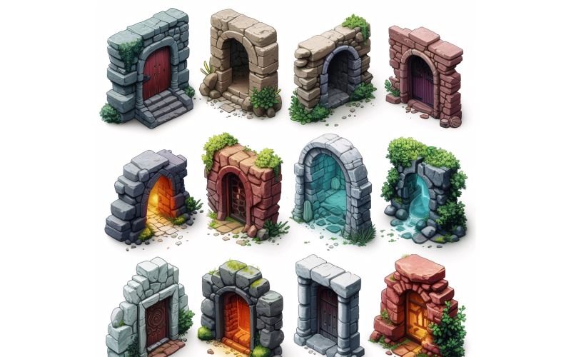entrance to catacombs Set of Video Games Assets Sprite Sheet White background 4 Illustration