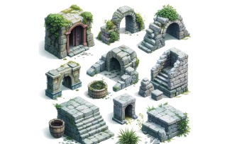 entrance to catacombs Set of Video Games Assets Sprite Sheet White background 5