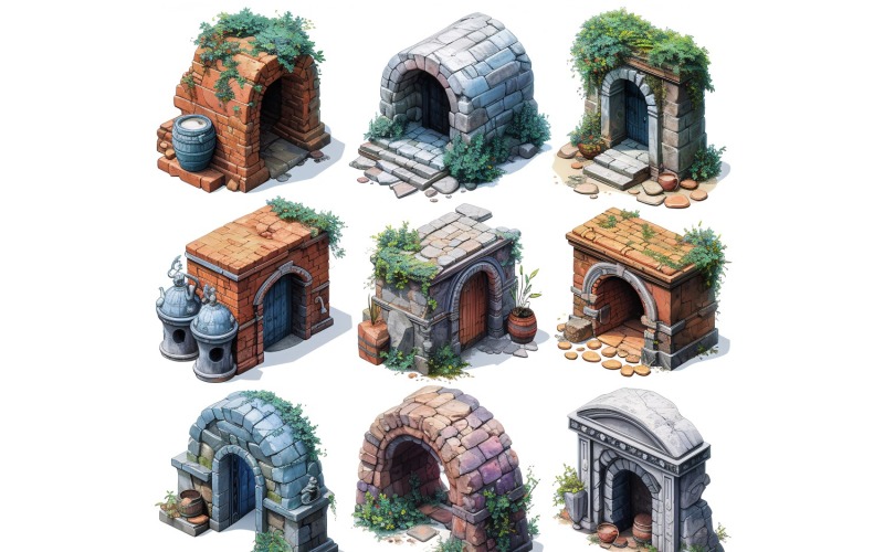 entrance to catacombs Set of Video Games Assets Sprite Sheet White background 5 Illustration