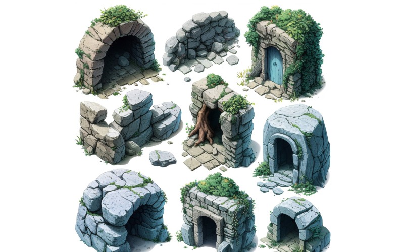 entrance to catacombs Set of Video Games Assets Sprite Sheet White background Illustration