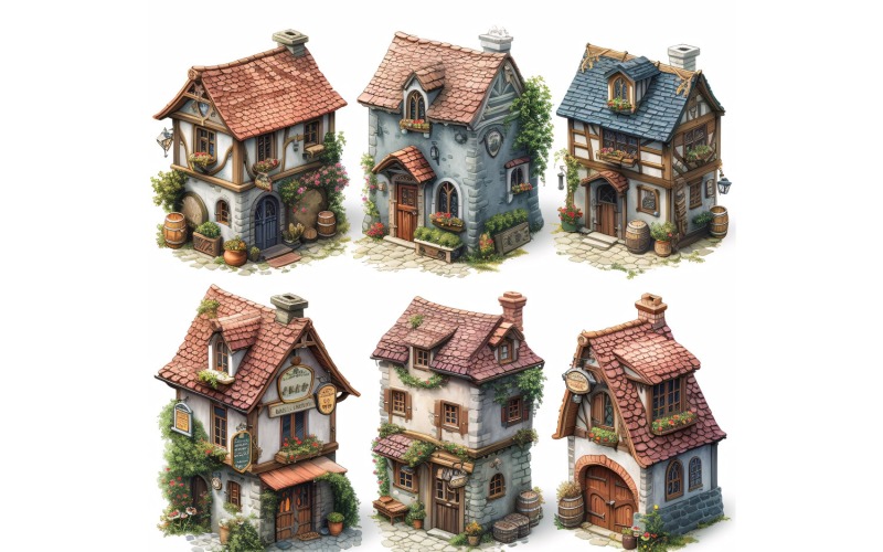 Fantasy Buildings Set of Video Games Assets Sprite Sheet 10 Illustration