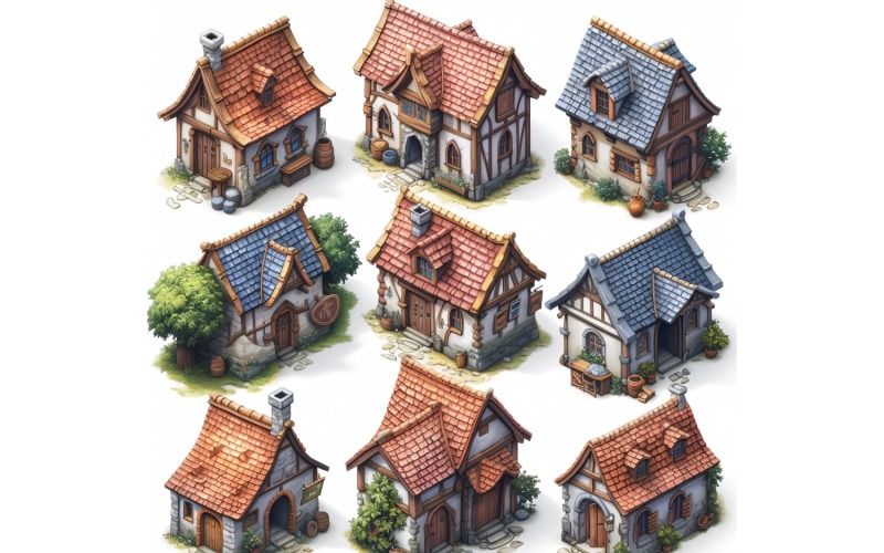 Fantasy Buildings Set of Video Games Assets Sprite Sheet 11 Illustration