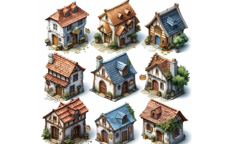 Fantasy Buildings Set of Video Games Assets Sprite Sheet 12 Illustration