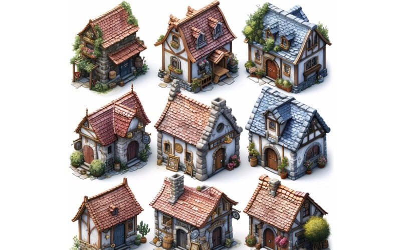 Fantasy Buildings Set of Video Games Assets Sprite Sheet 15 Illustration