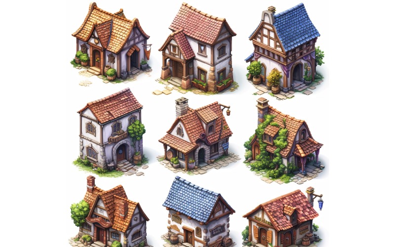Fantasy Buildings Set of Video Games Assets Sprite Sheet 1 Illustration