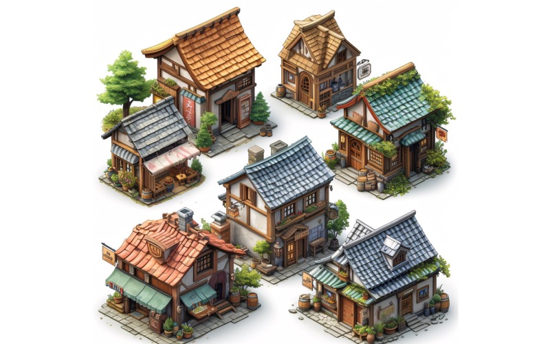 Fantasy Buildings Set of Video Games Assets Sprite Sheet 8 Illustration