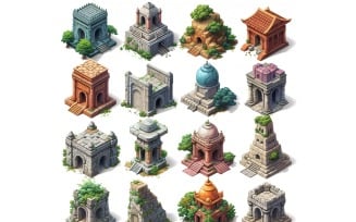 fantasy temple Set of Video Games Assets Sprite Sheet White background 1