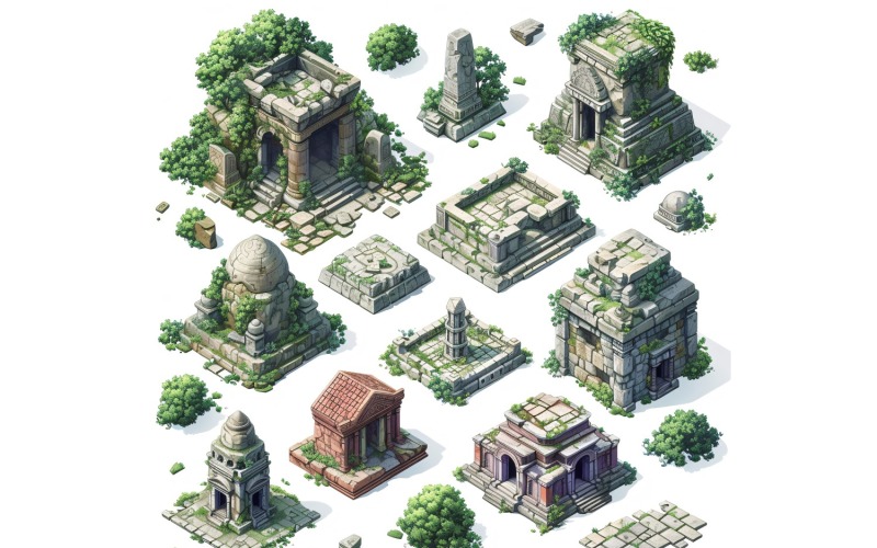 fantasy temple Set of Video Games Assets Sprite Sheet White background 2 Illustration