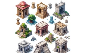 fantasy temple Set of Video Games Assets Sprite Sheet White background 3