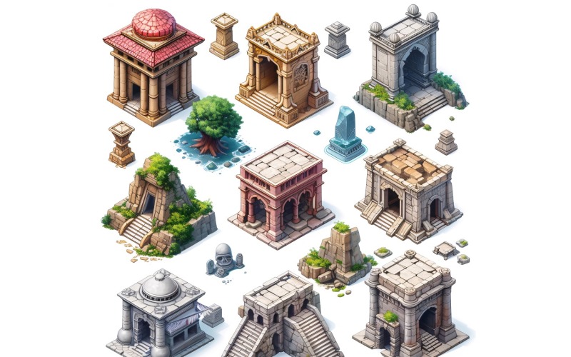 fantasy temple Set of Video Games Assets Sprite Sheet White background 3 Illustration