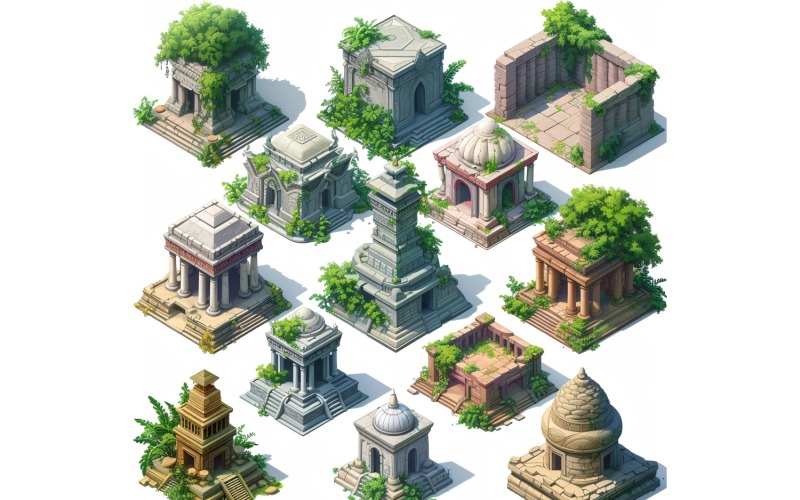 fantasy temple Set of Video Games Assets Sprite Sheet White background 4 Illustration