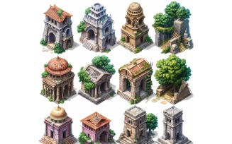 fantasy temple Set of Video Games Assets Sprite Sheet White background 5