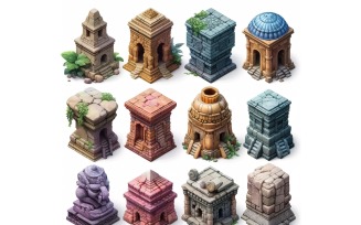 fantasy temple Set of Video Games Assets Sprite Sheet White background 6