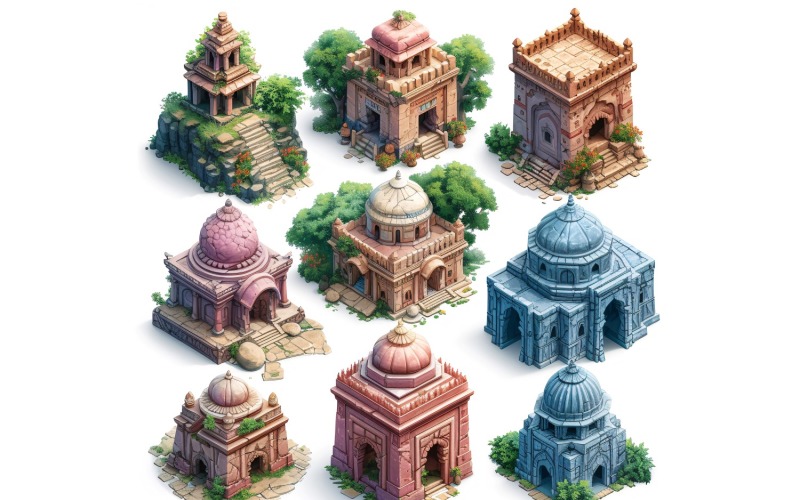 fantasy temple Set of Video Games Assets Sprite Sheet White background 7 Illustration