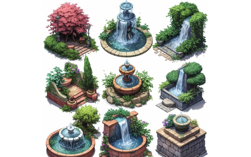 Fountains Set of Video Games Assets Sprite Sheet 4 Illustration