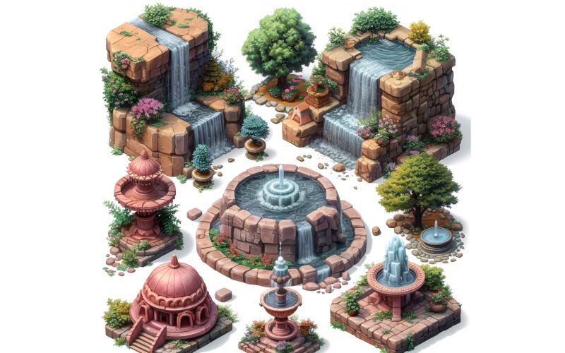 Fountains Set of Video Games Assets Sprite Sheet 5 Illustration