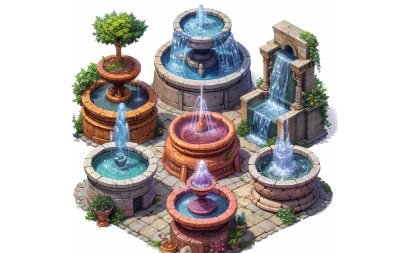 Fountains Set of Video Games Assets Sprite Sheet 7 Illustration