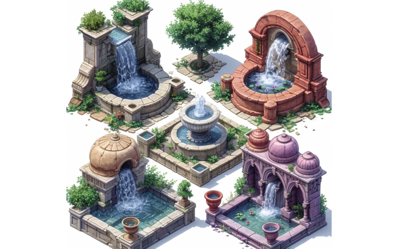 Fountains Set of Video Games Assets Sprite Sheet 8 Illustration